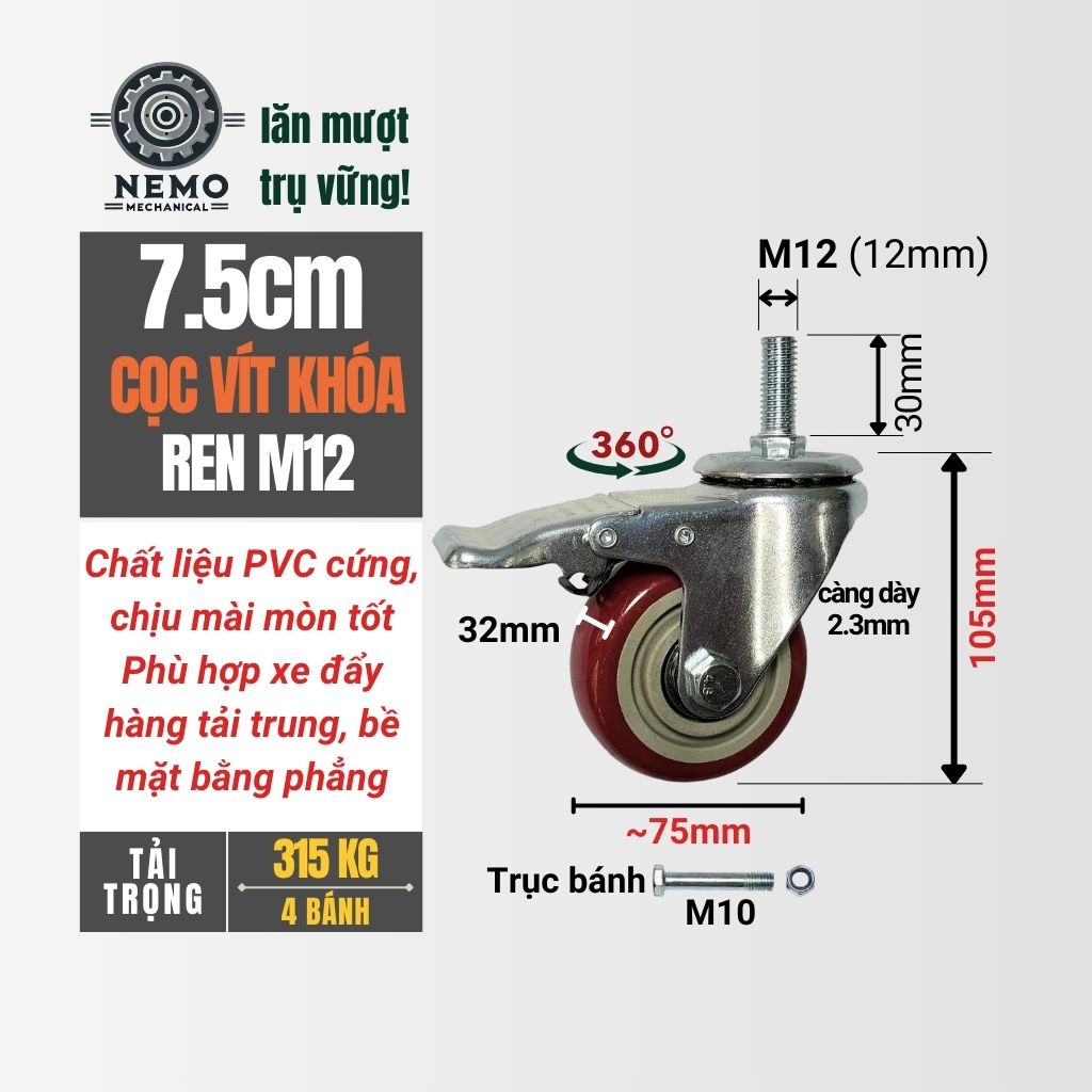 Bánh Xe PVC Đỏ Mận Cọc Vít M12 (D75, D100, D125)